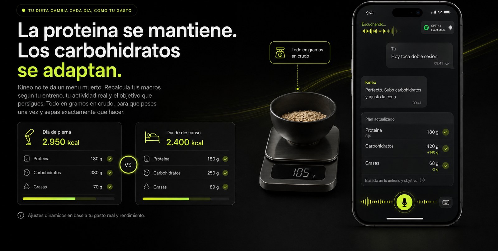 La proteína se mantiene y los carbohidratos se adaptan. Todo en gramos en crudo.
