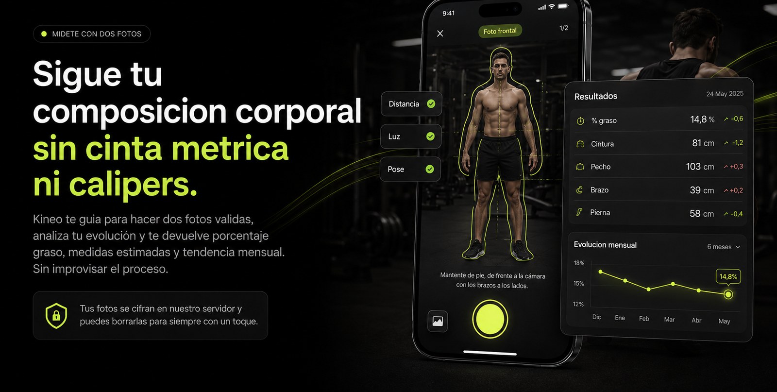 Sigue tu composición corporal sin cinta métrica ni calipers, con dos fotos guiadas.