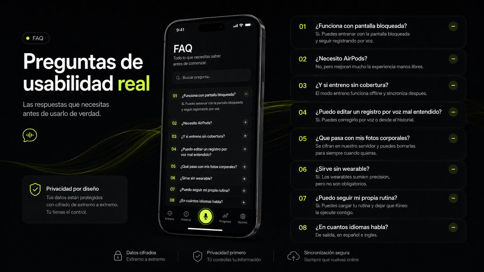 Preguntas de usabilidad real: pantalla bloqueada, AirPods, sin cobertura, fotos corporales y privacidad.