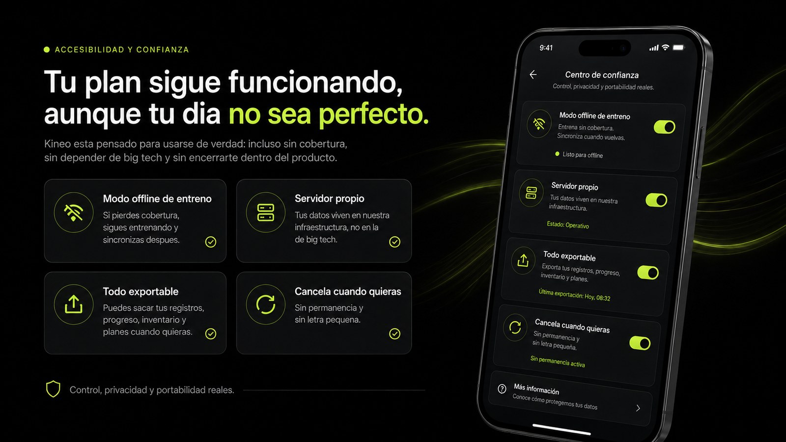 Tu plan sigue funcionando aunque tu día no sea perfecto: modo offline, servidor propio y todo exportable.